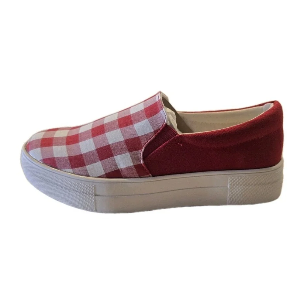 Women's Slip on Platform Sneakers Red White Plaid Memory Foam Soda Hike G Size 8
